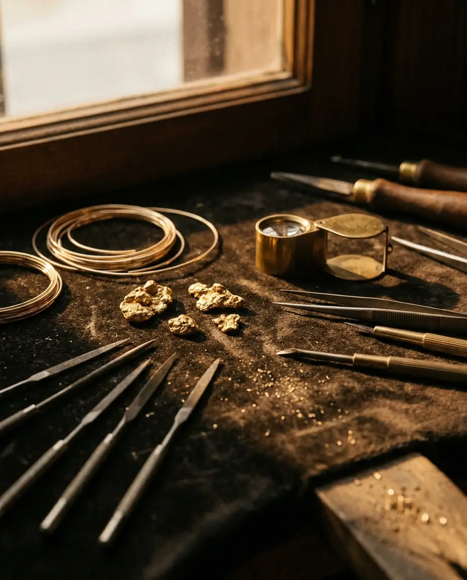 A fine-jewelry atelier with gold and hand tools on dark velvet