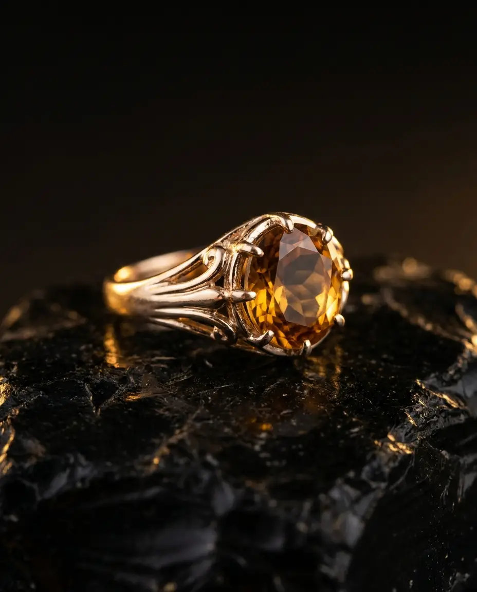 A champagne-gold ring set with a faceted gemstone